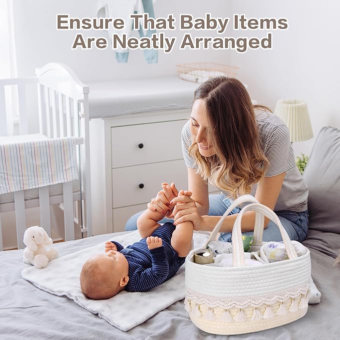 Diaper Caddy Organizer, Stylish Nursery Storage Basket, Baby Shower Basket with Tassel Decorative Appearance, Portable Storage Basket Suitable for Family and Car Travel