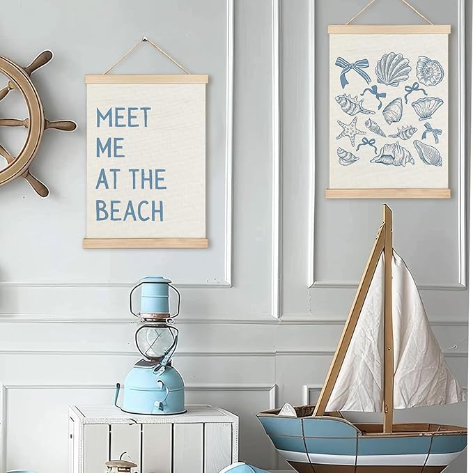RYYCDOI Seashell Cowgirl Beach Room Decor Set of 2, Meet Me At The Beach Wall Decor, Blue Beach Decor for Teen Girls Room, 12x16 Inches