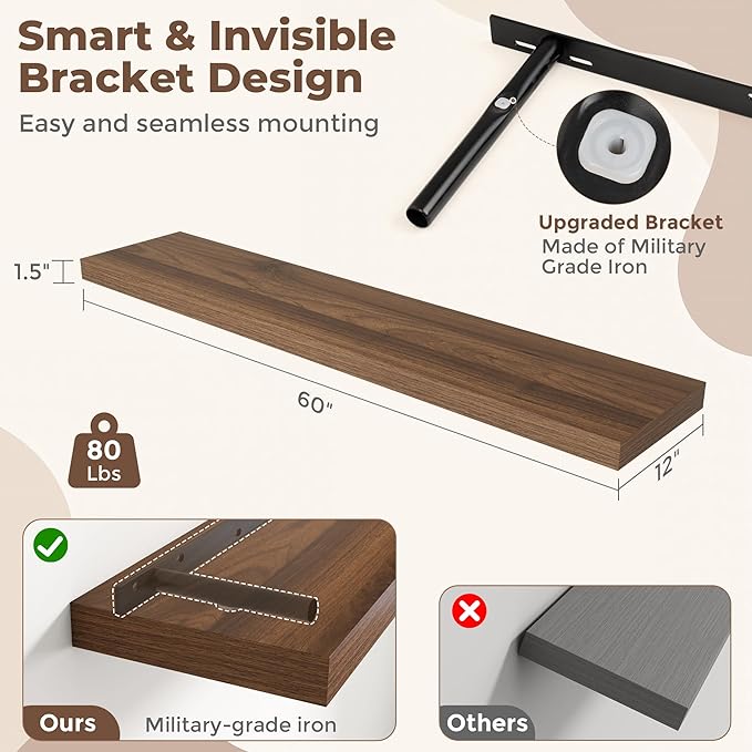 Fun Memories 12 Inch Deep Floating Shelves, 60 Inch Long Extra Large Floating Shelves for Home & Office, Wall Shelves with Invisible Bracket, Walnut, Set of 2