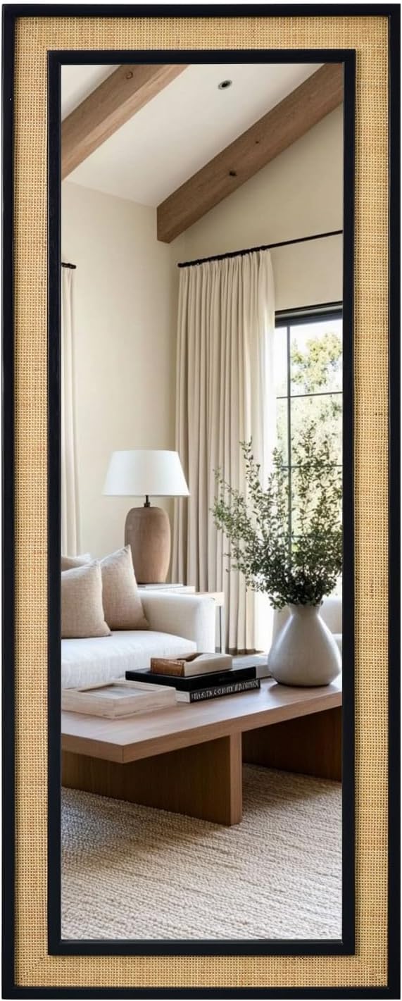 Rattan Full Length Mirror,18"x48" Long Rattan Wall Mirror,Wooden Mirror with Wicker Frame,Decorative Full Body Mirror Hanging,Farmhouse Rectangle Floor Mirror for Bathroom Living Dressing Room Black