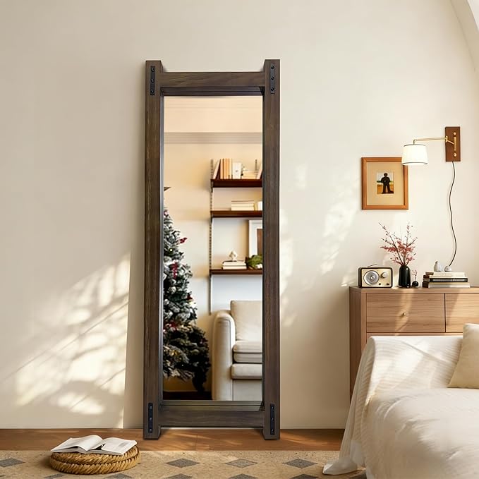Wooden Standing Full Length Mirror Rustic Floor Full Body Wall Mounted Mirror for Farmhouse， 54"×19"