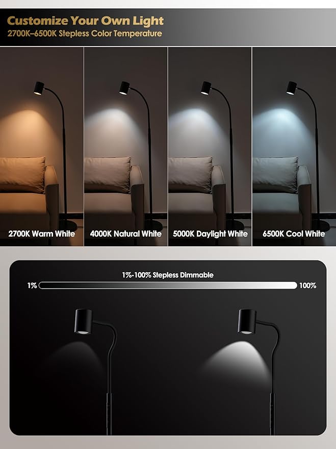 Reading Floor Lamp, 62" Tall LED Floor Lamp, Dimmable Standing Lamp, 7 Brightness & 4 Color Temperature, Adjustable Gooseneck, Touch Control, Task Craft Light for Living Room Bedroom Office,Black