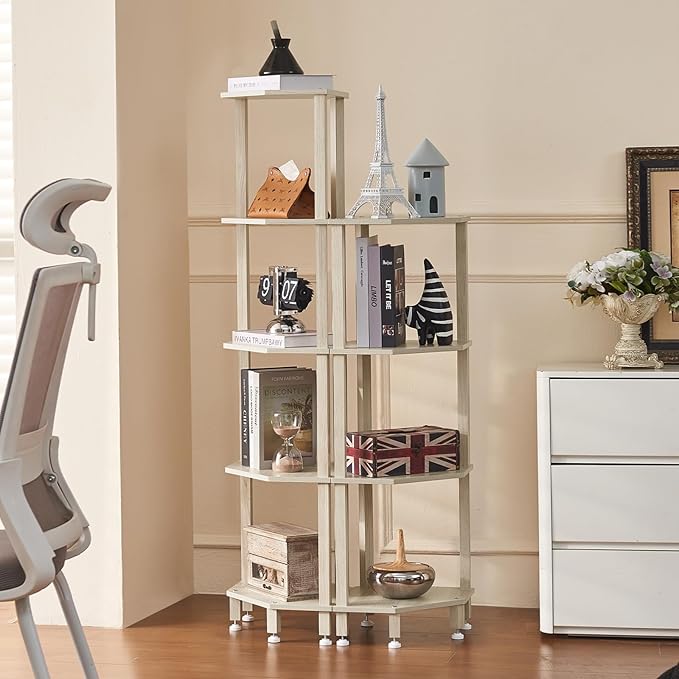YUFAM 4-Tier Corner Shelf with Sturdy 5-Leg Base, 41in Tall Narrow Bookcase for Small Spaces, Wooden Plant Display Shelf, Thin Bookshelf for Living Room, Bedroom, Office, Grey White