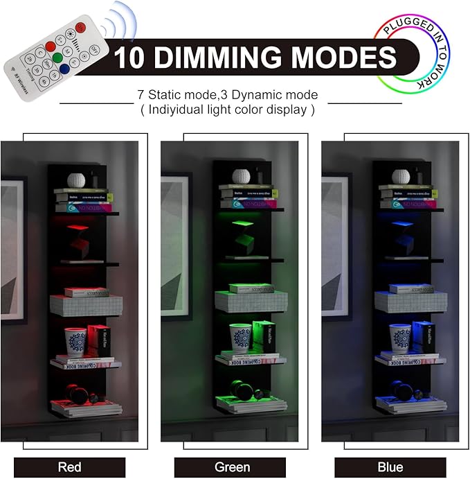 VIWODS 5-Tier Wall Shelf Unit with RGB Light, Floating Lack Shelf for Storage, Wall Mounted Vertical Display Shelf for Bedroom Living Room Vanity, Black