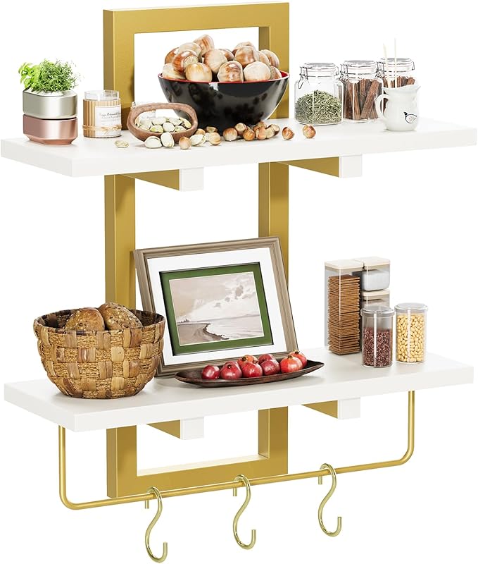 Creso hom Floating Shelves, 15" Wall Shelf Set of 2, Hanging Bathroom Shelves 2-Tier, Wall Mounted Storage Shelves, for Living Room Bedroom Bathroom Kitchen Office Coffee Bar, White and Gold