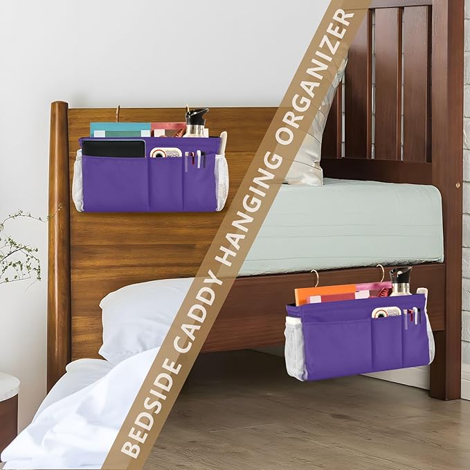 Dark Purple Bedside Caddy Storage Bag Bedside Organizer for Bunk Bed Headboards College Bedside Shelf Hanging Organizer 6 Pockets with Hooks for Magazine Water Bottle Holder