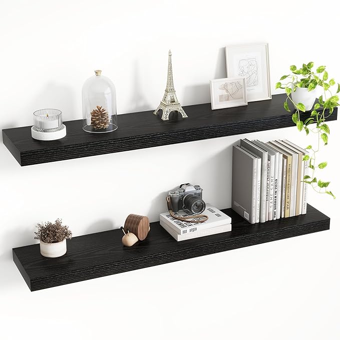 Acovy 36 Inch Floating Shelves, 8 Inch Deep Floating Shelves for Wall, Hanging Shelf with Invisible Brackets, Deep Shelves for Bathroom, Bedroom, Living Room, Black, Set of 2