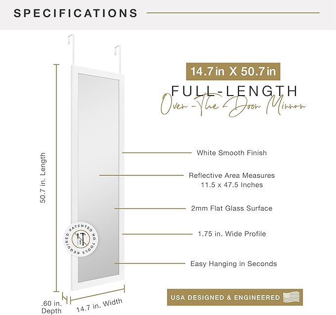 MCS 14.7x50.7 Matte White Over The Door Mirror, Full Length Hanging Mirror for Bedroom & Bathroom Doors, Lightweight Design with Patented No Tools Required Hanging System