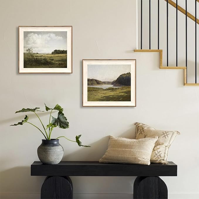 ASTRDECOR Framed Canvas Wall Art for Bedroom, Vintage Nature Wall Art for Home Decor Aesthetic, Mountain Pictures Green Wall Decor Living Room, Meadow Oil Painting Landscape Artwork Prints-10''x12''