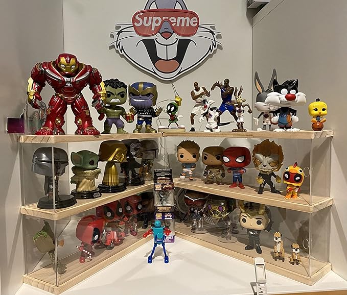 Clear Acrylic Display Shelf Case for Mini Funko Pop, Wooden Display Stand Riser 2 Layer Storage Rack for POP MART The Monsters Lazy Yoga Action Figures Collectibles Toys, 15.55" W x 3.78" D x 10.8" H