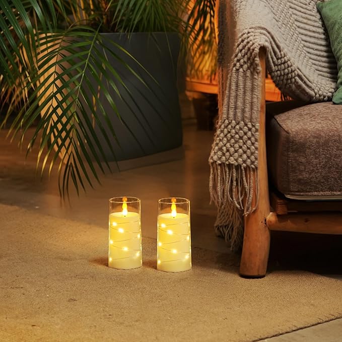 Homemory Flameless Candles with Embedded Star String Fairy Lights, Battery Operated Candles, LED Candle, Fake Candles with Remote Control and Timer, White, Set of 2(H 6" 6")