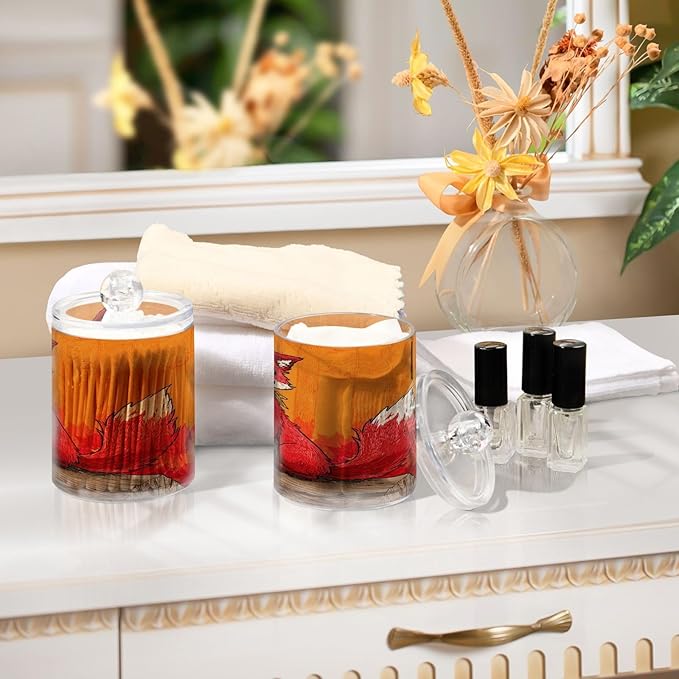 2 Pack Apothecary Jars,Sit Fox Stream Art Bathroom Vanity Storage Organizer Set,Small Clear Plastic Storage Jars Bathroom Canister for Cotton Swabs,Rounds,Balls,Qtips,Makeup Sponges