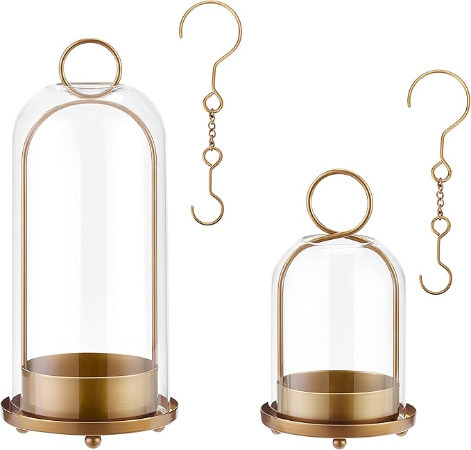 Hurricane Metal & Glass Candle Holder Gold Set of 2, Decorative Candlestick Pillar Candle Holder with Clear Glass for Wedding Party Christmas Holiday Dining Table Centerpiece Lanter