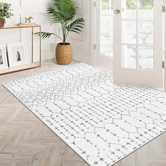 Lahome Moroccan Living Room Area Rug - Washable Rugs 4x6 Non-Slip Soft Throw Rugs for Bedroom White Lightweight Large Rug, Modern Geometric Print Low-Pile Capet for Classroom Office Dining Room Hana