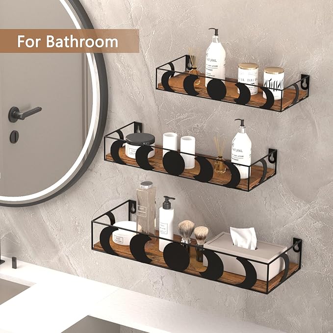 PHAREGE Black and Brown Floating Wall Shelves, Set of 3 Moon Phase Decorative Small Shelves for Bedroom Kid Room, Display Shelf for Crystal Collectibles Figurine