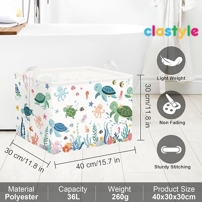 Clastyle Adorable Ocean Animals Kids Book Storage Basket Sea Turtle Clothes Laundry Basket Parents Gift Toy Box for Bedroom Shower, Green Turtle, 40x30x30 cm