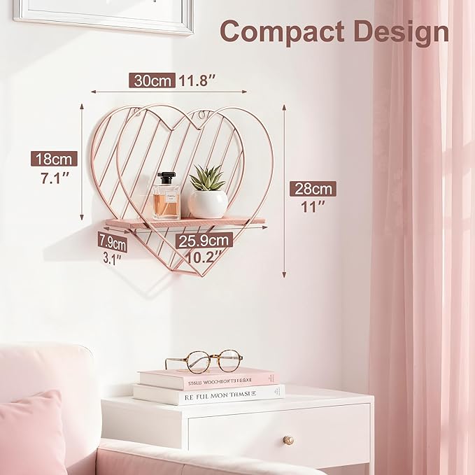 Afuly Floating Shelves for Wall, Cute Heart Wall Shelf Pink Funky Organizer Small Hanging Trinket Storage Aesthetic Room Decor for Bedroom Bathroom Hallway Entryway Vanity, Rose Gold