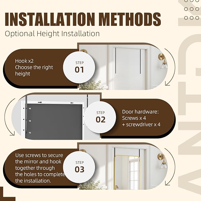 Antok Over The Door Mirror Full Length, 49'' x 14''Wall Mounted Hanging Mirror, Aluminum Alloy Frame, Shatterproof Glass, No Drill Installation for Bedroom, Closet, Bathroom, Dorm, Round Corner, White