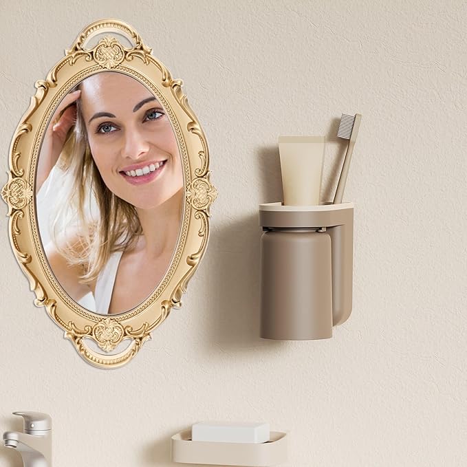 Vintage Decorative Wall-Mounted Mirror with Baroque Embossed Frame, 36x23cm Dark Gold Oval Makeup Vanity Tray, Retro Princess Style Jewelry and Makeup Organizer for Bedroom Wall