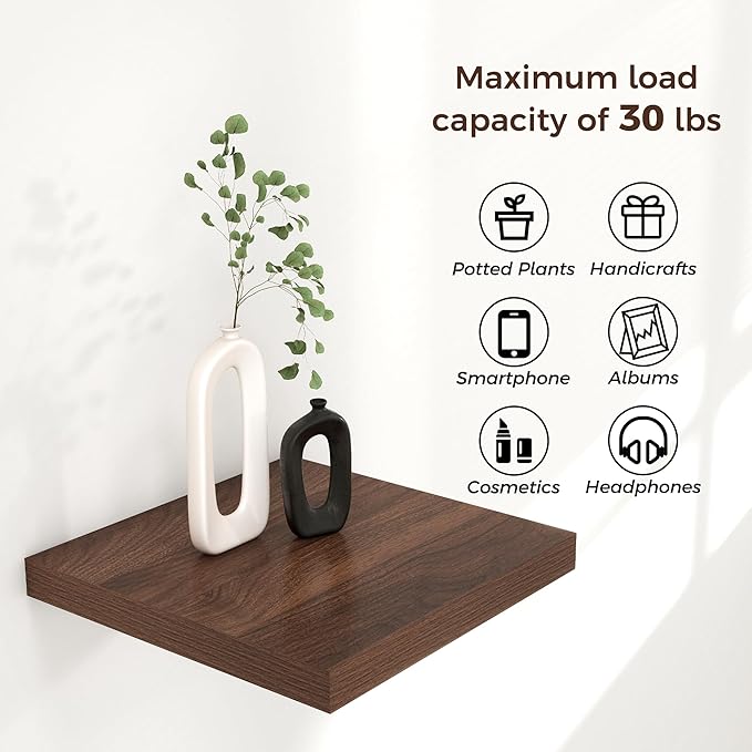 Square Floating Shelves for Wall 12"W x 12"D x 1.2"H, Small Engineered Wood Wall Shelves with Invisible Brackets for Living Room Bedroom Bathroom Office Kitchen Storage Decor, Walnut Finish, Set of 3