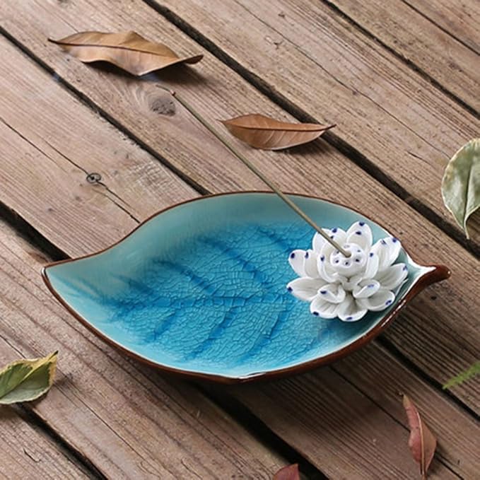 Incense Holder for Sticks, Ceramic Incense Ash Catcher Tray, Leaf-Shape Tray and Lotus Sticks Holder (Sky Blue)
