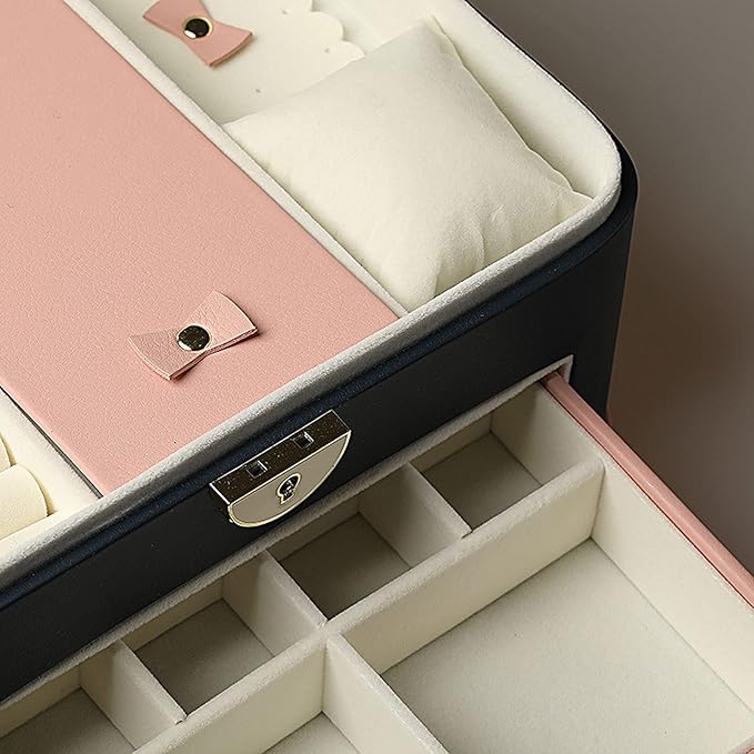 Jewelry storage box Makeup Organizers Jewelry Box,Jewelry Box for Women Leather Jewelry Organizer Two Layers with Lock Display for Earrings Bracelets Rings Watches Jewelry Case (B)