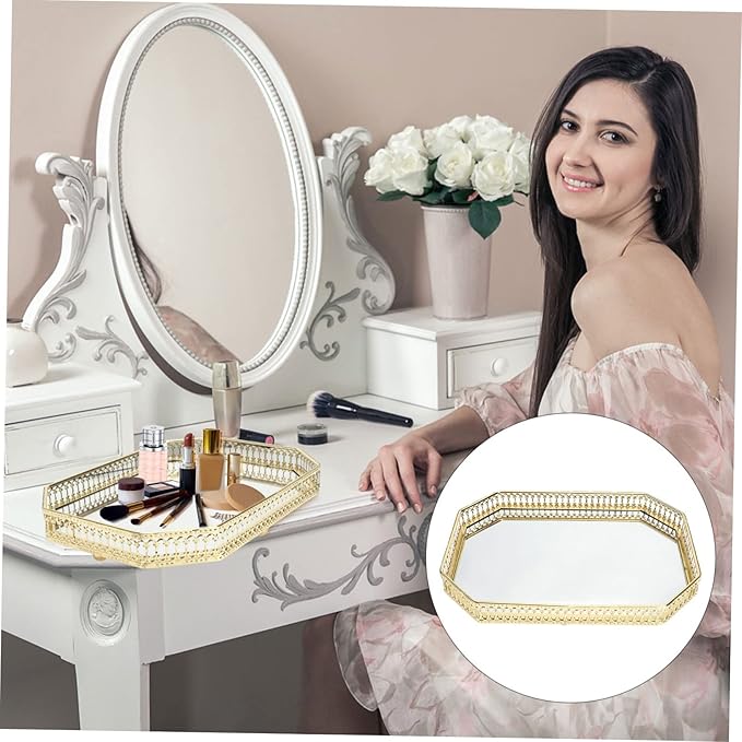 Garneck Nordic Style Mirror Jewelry Storage Tray Glass Makeup Organizer Polygonal Metal Plate Decorative Cosmetics Display for Home Decor