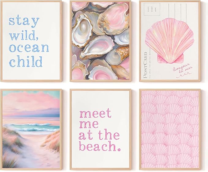 6Pcs Pink Beach Preppy Wall Art Prints Coastal Granddaughter Aesthetic Wall Decor Pictures Summer Oyster Shell Meet Me At The Beach Posters for Girly Bedroom Dorm Apartment Home Decoration 8x10in