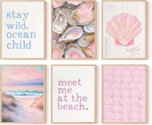 6Pcs Pink Beach Preppy Wall Art Prints Coastal Granddaughter Aesthetic Wall Decor Pictures Summer Oyster Shell Meet Me At The Beach Posters for Girly Bedroom Dorm Apartment Home Decoration 8x10in
