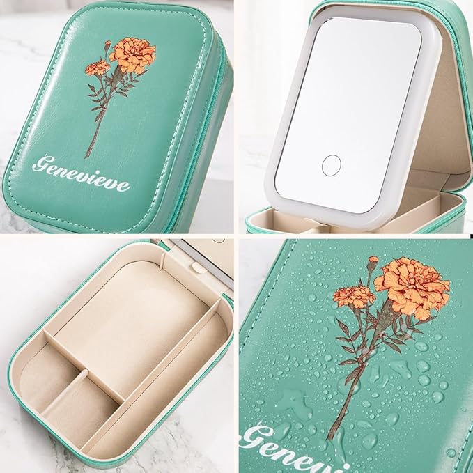 BYFDIY Custom Jewelry Box With LED Light and Makeup Mirror Leather Travel Jewelry Case Organizer Personalized Birth Flower Name Jewelry Boxes For Women