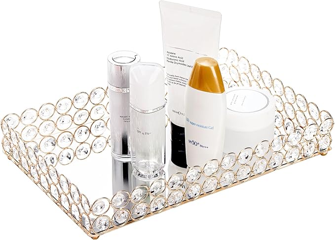 Hedume Crystal Vanity Tray, 12.3" x 8" Mirrored Cosmetic Makeup Tray, Large Jewelry Trinket Organizer Tray, Ornate Decorative Tray for Dresser Countertop Wedding Home Bathroom