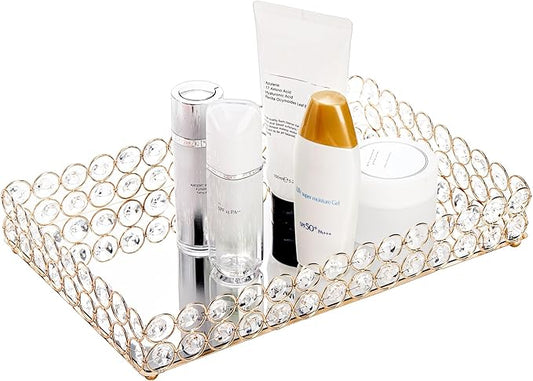 Hedume Crystal Vanity Tray, 12.3" x 8" Mirrored Cosmetic Makeup Tray, Large Jewelry Trinket Organizer Tray, Ornate Decorative Tray for Dresser Countertop Wedding Home Bathroom