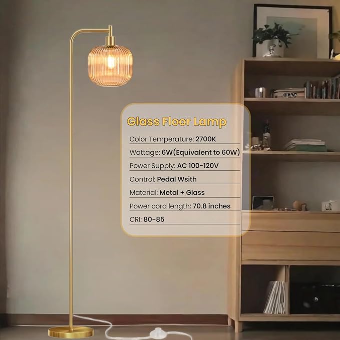 Mid Century Modern Floor Lamp, 67" Tall Standing Lamp with Transparent Amber Glass Shade, Vintage Gold Floor Lamp for Living Room Bedroom, Stable 6.2lbs Weighted Base, ST64 LED Bulb Included