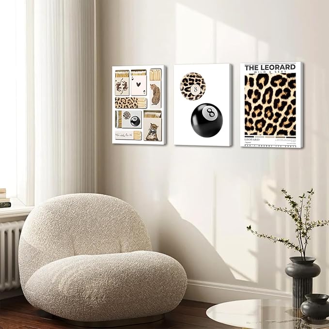 Framed Trendy Leopard Canvas Wall Art Set of 3, Preppy Cheetah Lucky 8 Ball Pictures Wall Decor Prints, Funky Y2K Paintings Girly Aesthetic Home Decor for Living Room Bedroom Dorm 12x16 inch