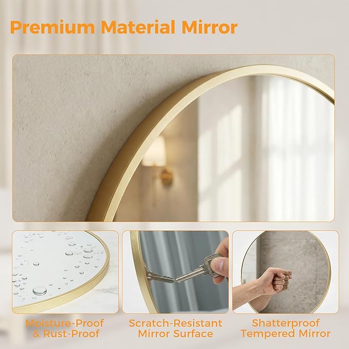 OLIXIS Gold Round Wall Mirror 28 Inch, Round Mirrors for Wall Decor, Circle Mirror for Bathroom, Entryway, Bedroom, Vanity