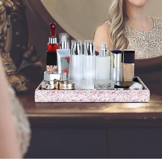 Jewelry or Makeup Storage Box Organizer Display Storage Case Desk for Dresser, Bathroom, Bedroom, and Makeup Perfume,Magnificent Handmade Serving Tray, Handicraft with Glittery Crystal(Pink)