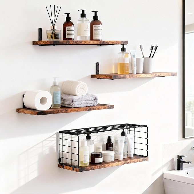 Floating Shelves with Wire Storage Basket, Over Toilet Bathroom Shelves with Metal Guardrail, Wood Wall Shelves for Bathroom, Bedroom, Kitchen - Dark Brown