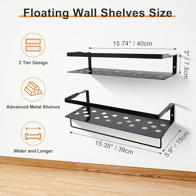 Uten Floating Shelves, Wall Mounted Iron Shelves Set of 2, Bathroom Storage Iron Shelves with Towel Rack, Wall Hanging Organizer Decor Shelf for Bathroom, Kitchen, Bedroom, Living Room