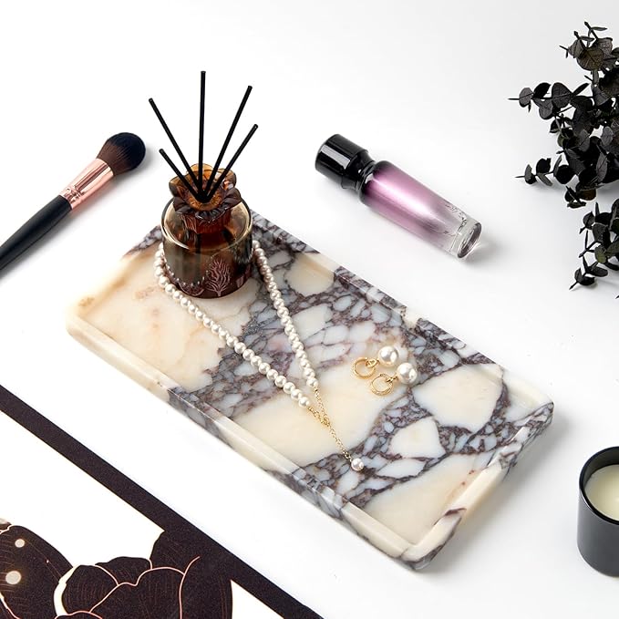 Luxury Natural Rectangle Marble Tray – 11.8 x 5.9-Inch Calacatta Viola Stone Vanity Tray, Modern Makeup Organizer for Perfume Skincare Products, Decorative Tray for Bathroom Coffee Table & Dresser