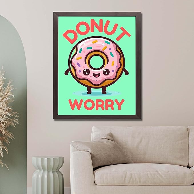 InkFlow Posters Donut Worry Poster - Smiling Donut Illustration - Playful Cartoon Food Art - Kids Bedroom Kitchen Playroom Decor - Cheerful Kawaii Style Print - 18x24 Unframed Canvas Print