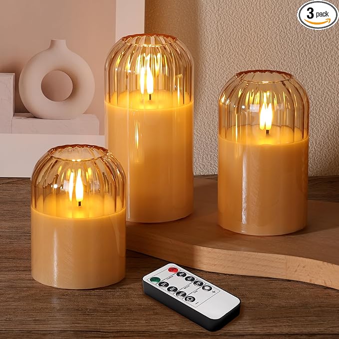 Gold Glass Flameless Candles with Remote, Real Wax Flickering Battery LED Pillar Candles Set of 3