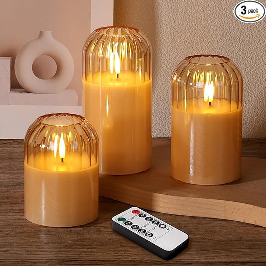 Gold Glass Flameless Candles with Remote, Real Wax Flickering Battery LED Pillar Candles Set of 3