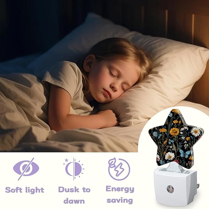 Floral Black Nightlights Plug in Wall,Decorative Star Lamp with Automatic Lighting for Living Space,Gentle Glow for Kids Room,Hallway,Bathroom