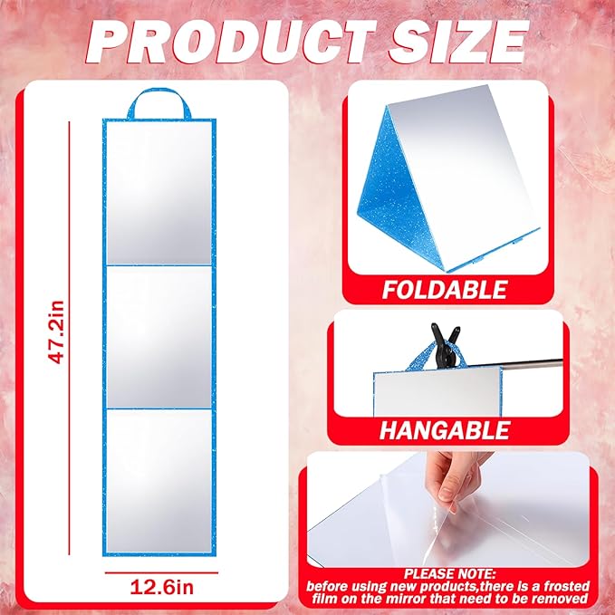 Foldable Full Length Mirror, 2-in-1 Wall Mounted or Tabletop Mirror, Portable Travel Mirror with Handle for Dance Home Bedroom Wardrobe Stage Makeup Checks Camping Outdoor Use (47" x 12.5", Tri-Fold)