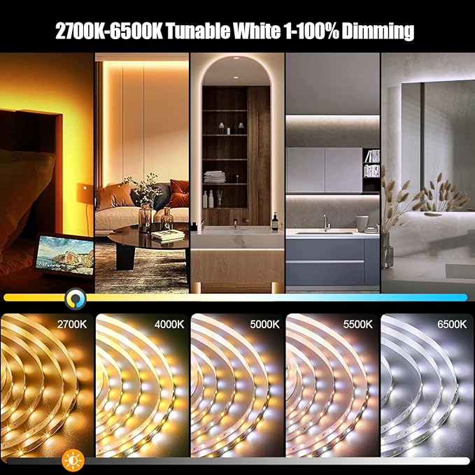 Wefomey White LED Strip Lights, 100ft Dimmable Bright 24V Led Tape Light with Remote and App Control, 2700K-6500K White 1800 LEDs Lights for Bedroom, Kitchen, Ceiling (2 Rolls of 50ft)