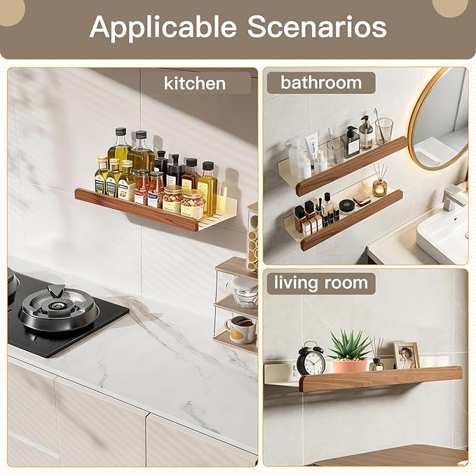 Single White Aluminum & Walnut Bathroom Wall Shelf, 15.75” Long Floating Shelf with 5.31” Deep Storage, Modern Wall Mounted Shelf for Vanity, Sink, Kitchen or Living Room