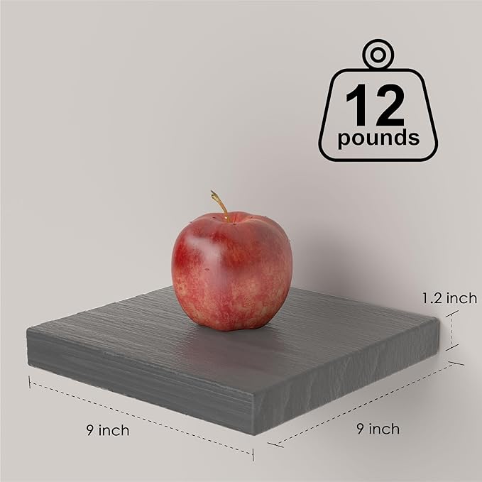 PopiShelves Small Floating Shelves for Wall - 9 Inch Mini Square Grey Shelves for Bedroom, Living Room, Bathroom, Kitchen, Office Decor Set of 3