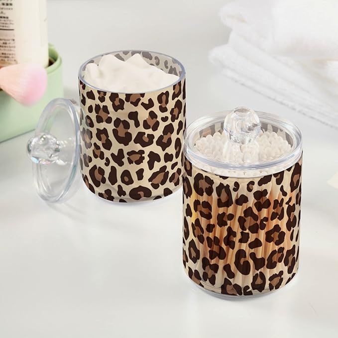 4 Pack Qtip Holder Dispenser Leopard Print Cheetah Cotton Ball Cotton Swab Round Pads Floss Clear Bathroom Storage Containers Plastic Apothecary Jars with Lids