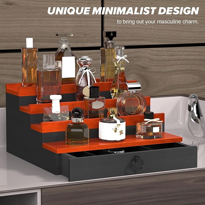 upcessory Cologne Organizer for Men, 4 Tier Perfume Stand, Cologne Shelf with Drawer and Hidden Compartment Perfume Display Holder, A Gift for Men