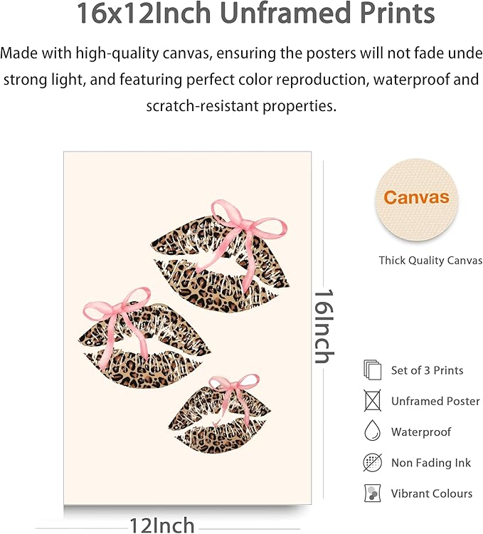YZLYAD 3Pcs Pink Trendy Leopard Wall Art,Fashion Cheetah Lucky 8-Ball Canvas Posters,Lip Bow Painting Pictures,Preppy Y2k Wall Decor for Bedroom Dormitory Apartment.12x16in Unframed
